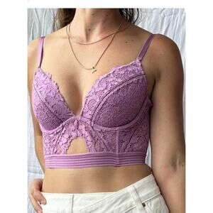 victorias secret very sexy long line lace bra underwire purple 32D cutout mesh
